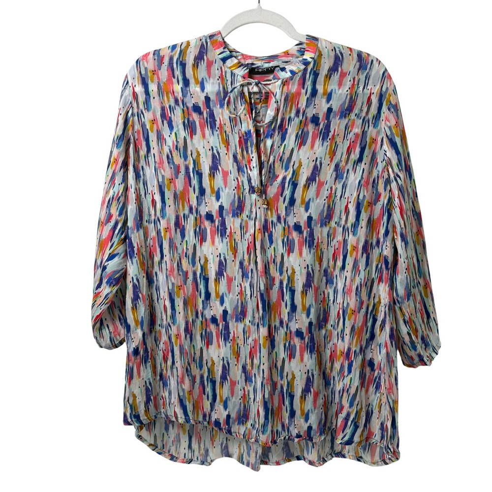 APNY Abstract Print Blouse Size M Multicolor Cupro Viscose Tie Neck Popover Top